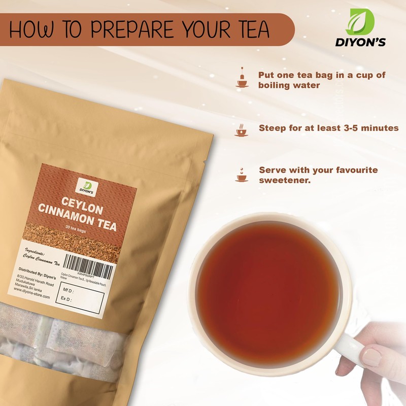 Ceylon Cinnamon 30 Tea Bags, Made with 100% Ceylon Cinnamon
