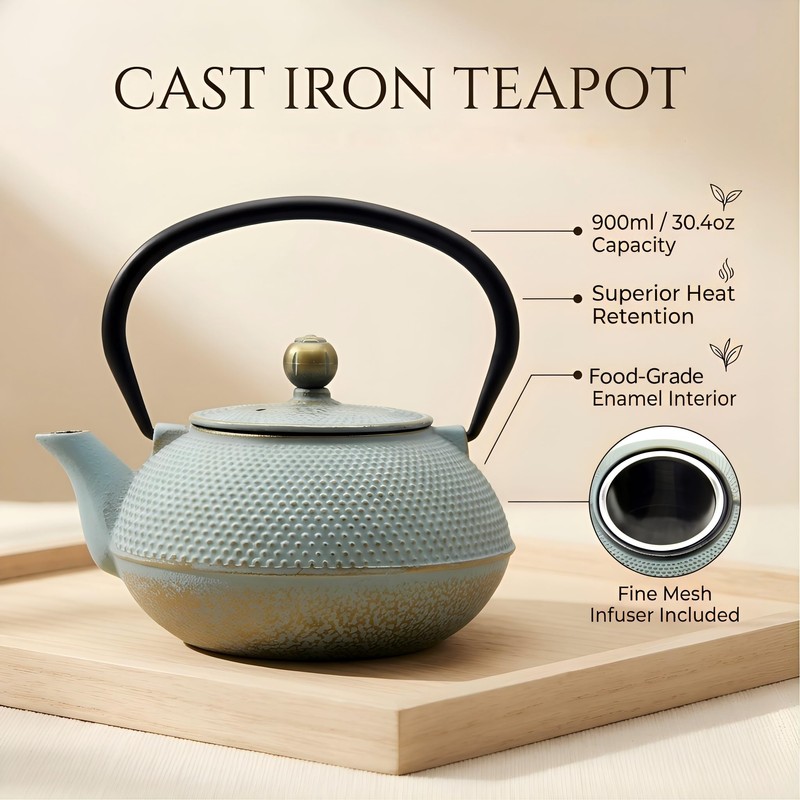 SECHUDO 30.4oz Small Cast Iron Teapot, Tea Kettle for Stovetop
