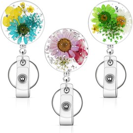 3 carretes de insignia de flores, prácticos carretes de insignia de enfermera, retráctiles con soporte para llavero, resina floral seca, clip de identificación para maestros, enfermeras, médicos