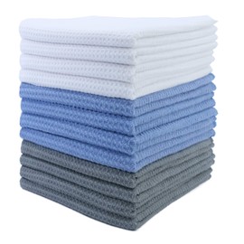 Polyte Premium Microfiber Kitchen Dish Hand Towel Waffle Weave 12 Pack (16x28 in, Blue, Dark Gray, White)