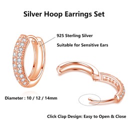 Cangall Hoop Earrings for Women, 3 Pairs 925 Sterling Silver Hoop Earrings Set with AAA Cubic Zircon, 10/12 / 14mm Round Huggie Sleeper Cartilage Hypoallergenic Small Rose Gold Hoop Earrings