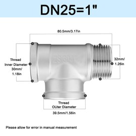 T Pipe Fittings, DN25 Stainless Steel 3 Way Thread Connector Adapter, T Pipe Connector, Water Pipe, Plumbing Fittings for Water, Oil, Air, Gas Pipe, 2 Pack