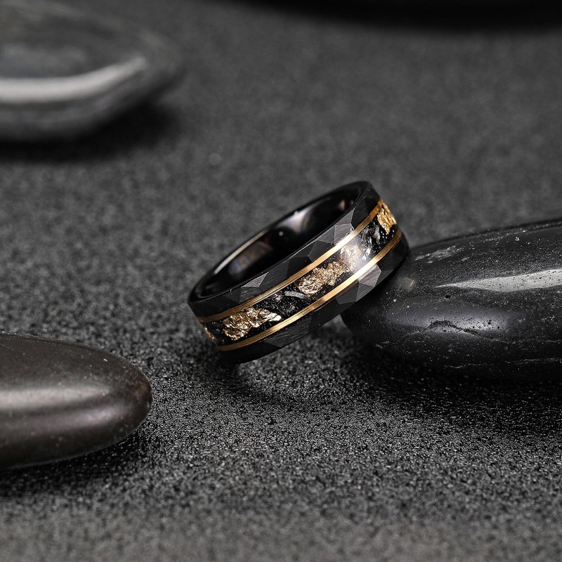 Mens Tungsten Carbide Wedding Bands 8mm Black Hammered Edge Gold
