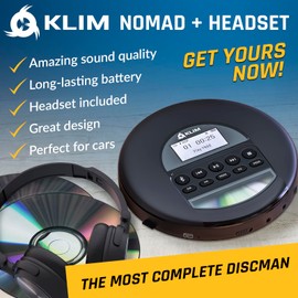 KLIM Nomad with Headset - New Version - Portable CD Player Walkman with Long-Lasting Battery - Radio FM - Compatible MP3 CD Player Portable - TF Card Radio FM Bluetooth - Ideal for Cars - Black