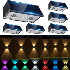 LuxiGlowra Solar Fence Lights Outdoor Waterproof, Warm & Cool White RGB Dusk to Dawn LED Wall Mount Sconce Light Up & Down Deck Lights Solar Powered for Outside Garden Patio Backyard Garage(6 Pack)