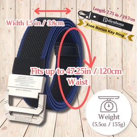 Dienbona - Cinturón de lona elástico ajustable con anillo en D doble con correa para llavero, hebilla de metal duradera, multicolor, Negro con borde azul marino, Estándar