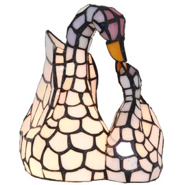 Bieye L10773 White Swans Tiffany Style Stained Glass Accent Table Lamp Night Light for Bedside Living Room Office Bedroom Animal Pet Lover, 11 inches Tall, White
