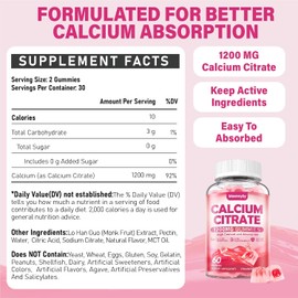 Calcium Citrate Gummies 1200 mg for Adults: Ultimate Absorption Calcium Supplement for Women & Men - Easy to Digest, Vegan, Non-GMO, Gluten Free - Natural Strawberry Flavor