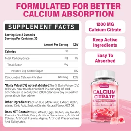 Calcium Citrate Gummies 1200 mg for Adults: Ultimate Absorption Calcium Supplement for Women & Men - Easy to Digest, Vegan, Non-GMO, Gluten Free - Natural Strawberry Flavor