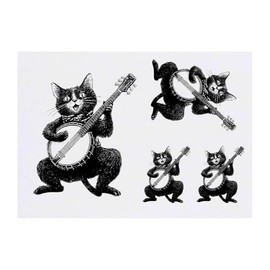 4 x 'Funny Cat Playing Banjo' Temporary Tattoos - Water Resistant, Skin-Safe, Non-Toxic Transfers, Mixed Sizes (TO00083732)