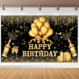 YinQin 180x120 cm Glitter Golden Black Happy Birthday Backdrops Banners Cloth 71x47 inch Bday Party Photography Backgrounds Shiny Black Gold Happy Birthday Sign Party Decorations for Girl Women