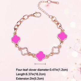 Riuziyi Lucky Clover Bracelet, Adjustable Four Leaf Charm Bracelet Link Metal Cute Jewelry Rhinestone Clover Chain Bracelet for Women Mother's Day Christmas Gift (Pink)