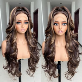 Perücke aus Kunsthaar mit Strähnen 13 x 6 HD ohne Klebstoff, vorgezupft, honigblond, 4/27, gewellt, 66 cm, bereit zum Tragen, für schwarze und weiße Frauen