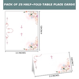 Baptism Table Place Card, Blush Pink Cross Tent Style Cards Set, Blush Pink Floral Editable Name Cards for Table Seating, 25 Pcs Food Labels for First Holy Communion, Christening, Birthday (03)