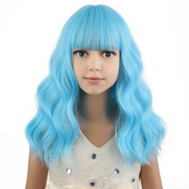 PATTNIUM Kids Blue Wig Short Wavy Wig with Bangs Light Blue for Kids Blue Child Wig Heat Resistant Synthetic Hair Wig for Girls (Light Blue)