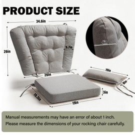 Wingback Rocking Chair Cushion with Neck Pillow High-Density Foam Indoor Rocker Pads with Non-Slip Bottom, Tufted Shredded Foam Back Cushion with Ties, Light Gray
