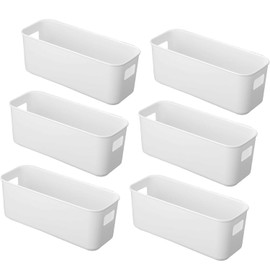 Pack of 6 Storage Boxes without Lid, Plastic Storage Boxes, White Small Storage Basket with Handles, Multifunctional Organiser Box for Kitchen, Bedroom, Cupboard, Bathroom (without Lid)