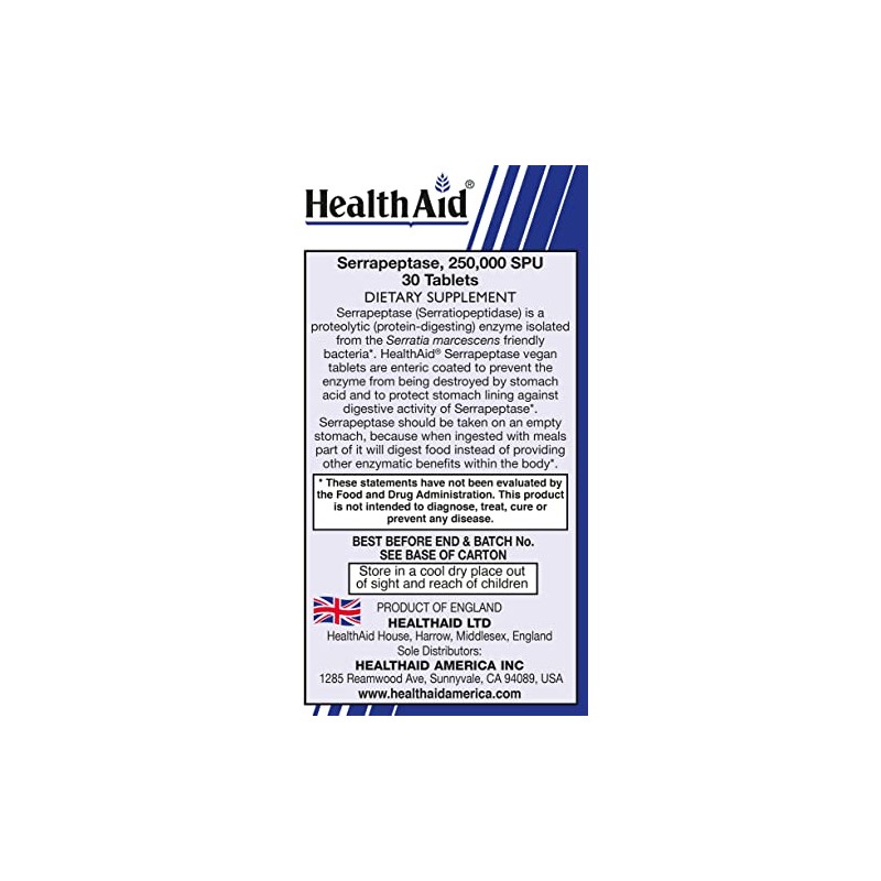 HealthAid Serrapeptase 250,000 SPU – Extra High Potency, Once-Daily Enteric-Coated Vegan