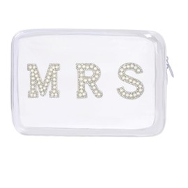 Bride Clear Makeup Bag Cosmetic Bag Waterproof Bride Toiletry Bag Mrs Pearl Rhinestone Patch Letter Bags Makeup Pouch Travel Case Storage Bag for Bridal Shower Wedding (Clear, Bride Mrs Makeup Bag)
