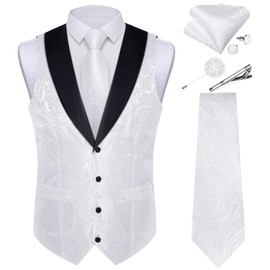 DiBanGu Mens Paisley Suit Vest Silk Jacquard Waistcoat and Necktie Set Formal Shawl Collar Dress Vest 7PCS for Wedding Party, White, Large
