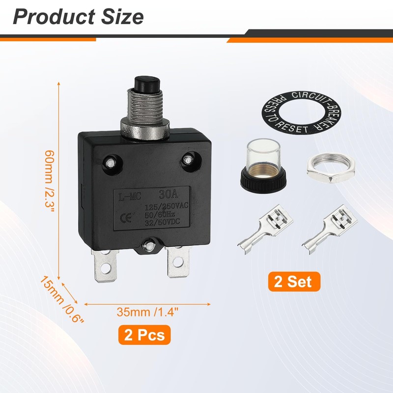 sourcing map 2PCS 30A Thermal Circuit Breakers, 125/250V AC,32/50V DC