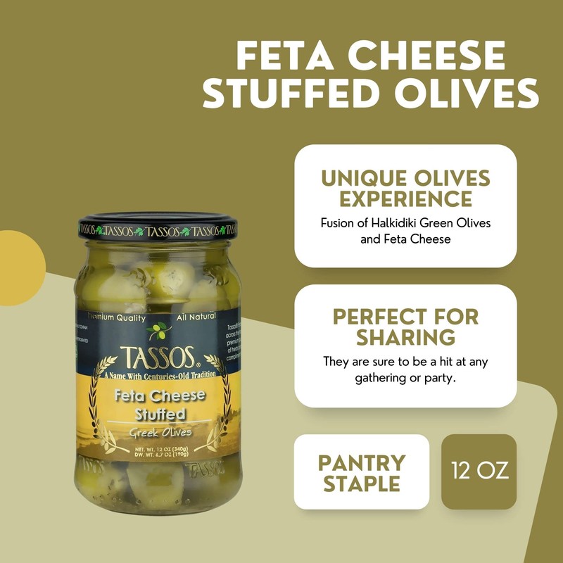 Tassos Stuffed Green Olives, Feta Cheese, 12 Ounce