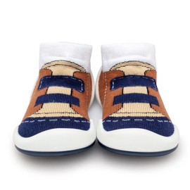 Komuello Boy Girl Baby Toddler Pull Up First Walker Non Slip Soft Cotton Premium Sock Shoes, Walker Brown, Size 5 (115mm, 6-12 Months)