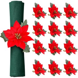 LATERN 8Pcs Christmas Napkin Rings, 14CM Poinsettia Napkin Holders Xmas Napkin Buckle with Green Leaves for Christmas Lunch Thanksgiving Holiday Wedding Party Table Decoration (4cm x 4cm)