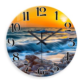 Constantplanet Blue Wall Clock Battery Operated 14 Inch - Beach Clock for Bedroom Office Cafe Living Room - Glass Wall Clock Silent