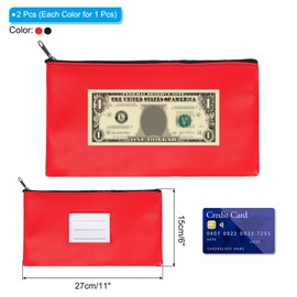 PATIKIL 11x6" Money Bank Deposit Bag with Zipper, 2 Pcs Leatherette Coin Check Wallet Pen Pouch Bag with Clear Window for Office Travel, Red/Blue