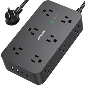 Power Strip Surge Protector with 12 Outlets 4 USB Ports(2 USB C), HANYCONY Black Flat Extension Cord 6 Feet, 1800J, Wall Mount, Desk Charging Station for Office Home College Dorm Room Essentials