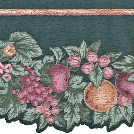 CONCORD WALLCOVERINGS ™ Wallpaper Border Floral Pattern Leaves Flowers Fruits, Die Cut Edge for Cottage Kitchen Dining Room, Green Burgundy Brown, 8.5 Inches by 15 Feet 117903