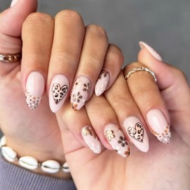 24pcs Valentines Day Press on Nails Medium Almond Leopard Heart Fake Nails with Designs Flower False Nails Leaf Glue on Nails Full Cover Romantic Valentines Artificial Nails for Women Girl