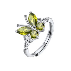 Butterfly Ring Adjustable Sterling Silver Celtic Knot Band Ring Sparkling CZ Peridot Rings for Women Statement Animal Ring Adjustable