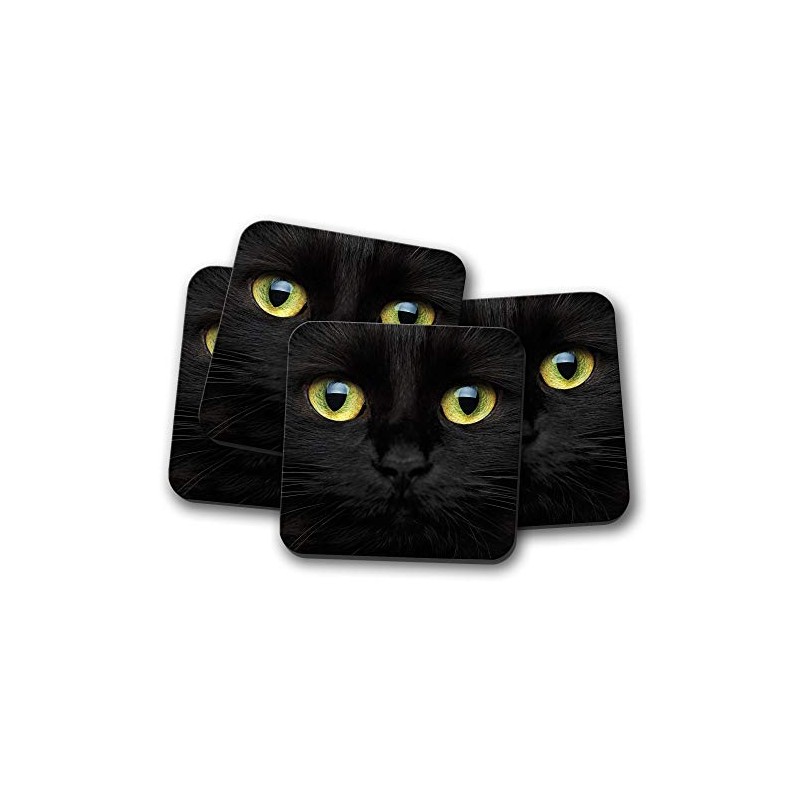 4 Set - Black Cat Drinks Coaster - Spooky Kitten