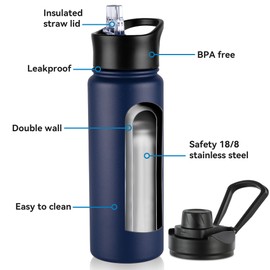 24oz Insulated Water Bottle with Straw Lid, Stainless Steel Metal Water Bottle with Straw & Wide Mouth Lid, Double Wall Vacuum Water Bottle for Hiking Camping, Navy 1 Pack