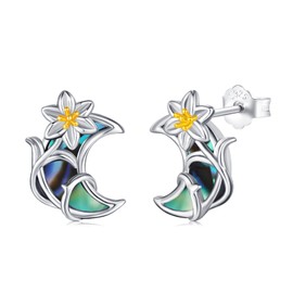 Moon Lily Earrings for Women 925 Sterling Silver Hypoallergenic Moon Abalone Stud Earrings Jewellery Gift, Sterling Silver, Abalone