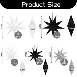 Folding Star Christmas, 9 Pointed Paper Folding Stars, Pack of 5 Paper Stars for Hanging, Black, White, Grey, 2 x 45 cm + 3 x 30 cm, Paper Christmas Star Decoration for Window, Advent Christmas Tree,