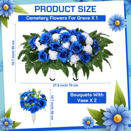 3 Pcs Artificial Cemetery Flowers for Grave Memorial Flowers Funeral Headstone Saddle Rose and White Chrysanthemum Bouquets with Vase for Mother's Day Outdoor Grave Decoration(Blue)