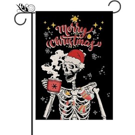 Merry Christmas Garden Flag Skeleton Santa Hat Garden Flag 12x18 inch, Home Outdoor Yard Winter Holiday Lawn Decorated Garden Flag -A