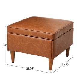 Creative Co-Op Atley Upholstered Modern Ottoman with Storage and Solid Wood Legs, Cognac Vegan Leather