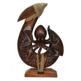 Myriahs 13" Tall Hand Carved Wood He'e Octopus Hawaiian Makau Fish Hook on Base