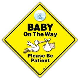 Baby On The Way Please Be Patient Car Sign, Baby On Board Sign For Expectant Mums & Dads, Grandchild On Board, Suction Cup Car Sign For New Parents 14cm x 14cm