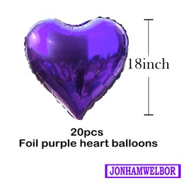 Jonhamwelbor 20Pcs 18 inch Purple Foil Mylar Heart Shape Balloons Decorations Valentines Birthday Wedding Baby Shower Party (Purple)
