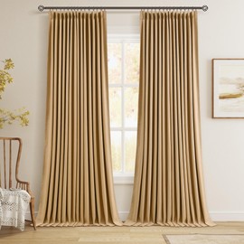 Camel 100% Blackout Pinch Pleated Curtains 96 Inch Length 2 Panels Neutral Flax Linen Light Blocking Drapes with Pinch Pleat Hooks for Living Room Thermal Insulated Soundproof Room Darkening Curtains