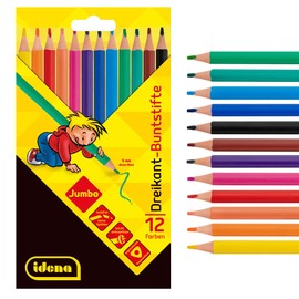 Idena 20138 Jumbo Colouring Pencils with 5 mm Thick Lead in 12 Colours, Pack of 12 Wood-Free Colouring Pencils in Ergonomic Triangle Shape, Packed in Cardboard Case