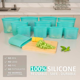 Annaklin Reusable Food Bags, 12 Pack 100% Silicone Food Storage Bags Stand Up Zip Lock Container, Freezer Microwave Oven Dishwasher Safe, 4 Medium 4 Small 4 Extra Small, Aqua