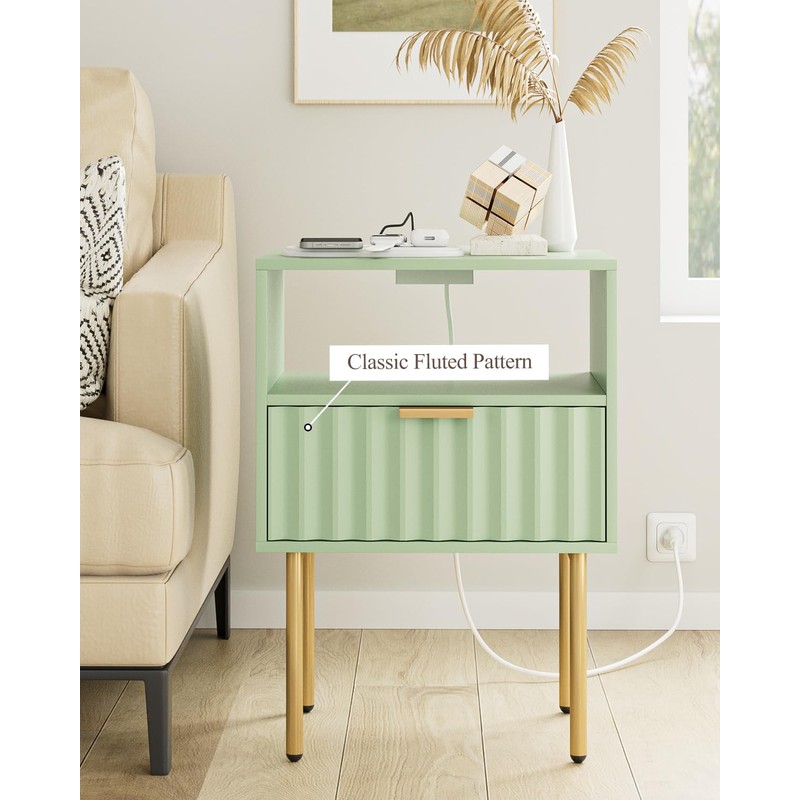 Masupu Nightstand with Charging Station,Mid-Century Modern Bedside Table with Storage