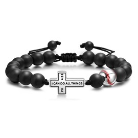 MEALGUET Baseball Cross Beaded Bracelet for Men : I Can do All Things Through Christ Inspirational Cross Black Agate Beads Baseball Bracelet, Sports Jewelry