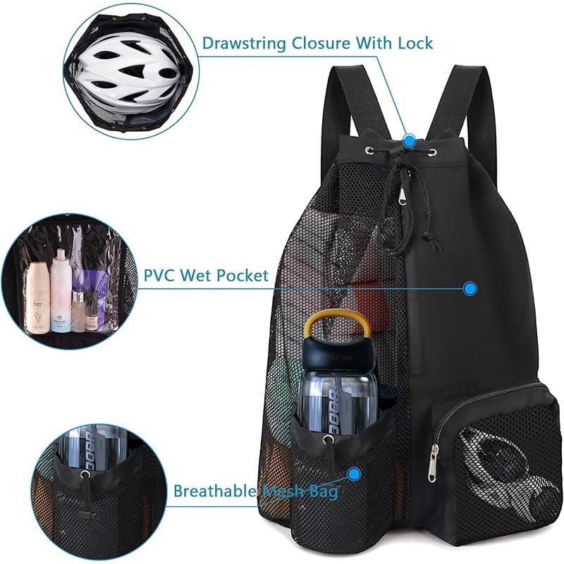 Swim Bag Mesh Drawstring Backpack with Wet Pocket for Swimming,